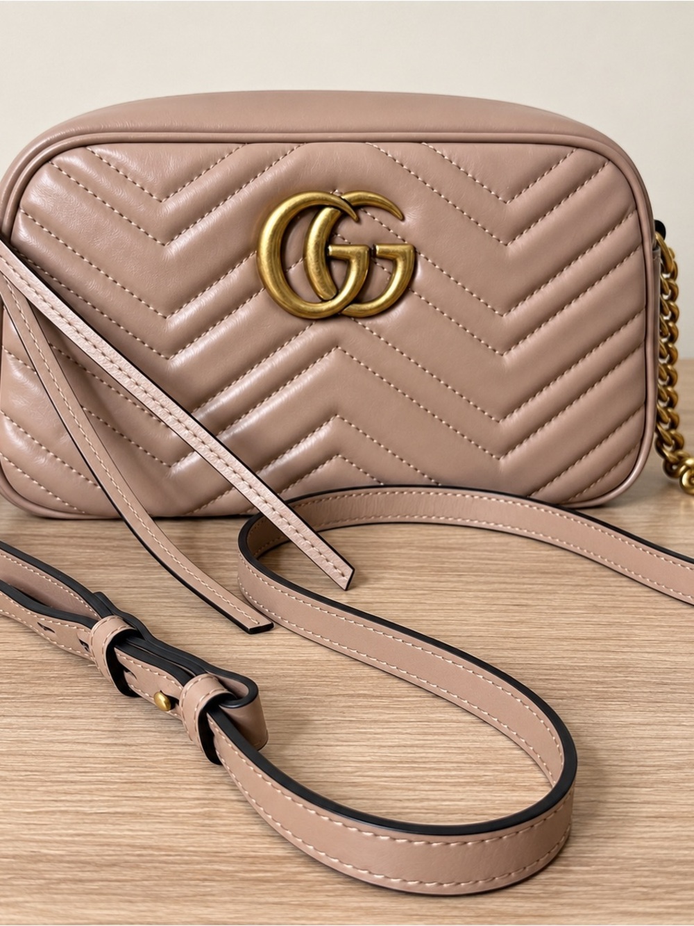 Gucci GG Marmont Small Matelassé Camera Bag Rose Beige Authentic
